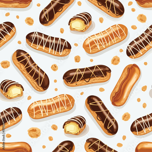 Illustration of assorted chocolate eclairs and cream-filled pastries on a white background with a sweet and appetizing mood.