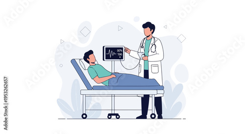 Doctor examining patient on hospital bed with vital signs monitor