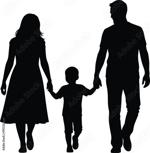 Family silhouette of parents holding child hands while walking, symbolizing love, care, support, parenting, togetherness, and happy family lifestyle concept