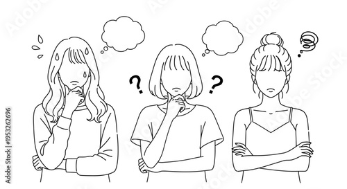 three young women deep in thought contemplating problems and decisions expressing worry confusion and frustration.