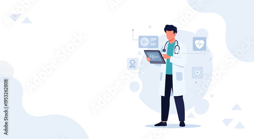 Doctor Using Tablet with Medical Data and Heartbeat Monitor