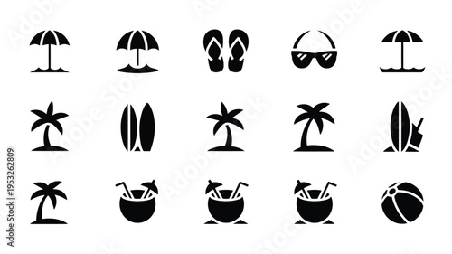 Vector illustration pack featuring beach icons including umbrellas palm trees sunglasses and tropical drinks on a white background