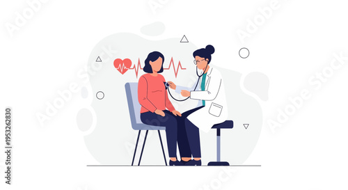 Doctor examining patient with stethoscope, heart rate monitor graphic