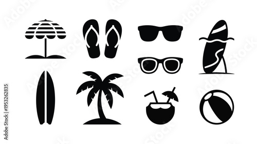 Black vector icons of beach vacation symbols including umbrella flip flops sunglasses surfboard palm tree cocktail and beach ball on white background for summer travel and holiday