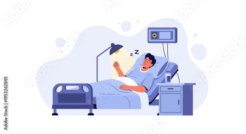 Man sleeping in hospital bed with medical monitor and lamp