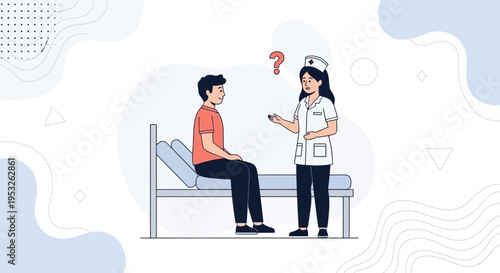 Nurse Inquiring Patient Sitting On Hospital Bed, Medical Consultation Illustration