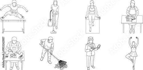 A collection of 7 sketches of a humanoid figure in various poses isolated on transparent background