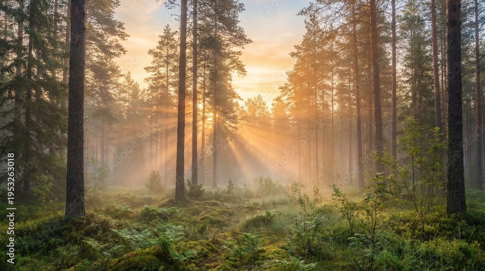 Obraz premium Sunrise Forest Mist