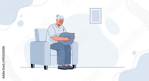 Elderly Woman Sitting Alone on Sofa Holding Cushion, Feeling Lonely
