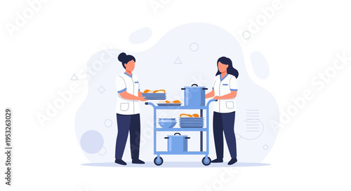 Healthcare workers serving food on a cart, hospital catering, medical staff