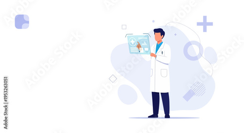 Doctor using futuristic holographic interface for medical diagnosis and data analysis