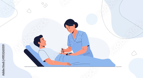 Nurse examining patient in hospital bed, medical care, healthcare illustration