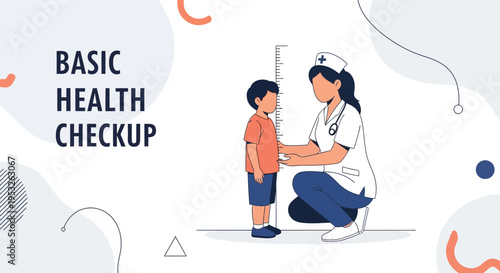 Child health checkup: nurse measures boy's height with a measuring tape, medical examination