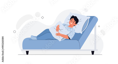 Smiling boy in hospital bed, recovering, holding pillow, medical care concept