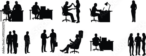 Office people silhouettes in workplace scenarios including meetings, discussions, teamwork, and business interactions, illustrating corporate environment and professional activity concepts