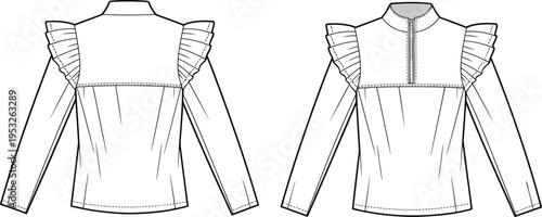 Flat vector women’s blouse illustration, fashion garment design, clothing sketch template