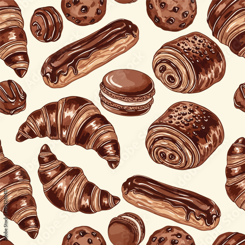 Illustration of assorted chocolate pastries and cookies on a beige background, including croissants and macarons in a flat lay composition with warm tones.
