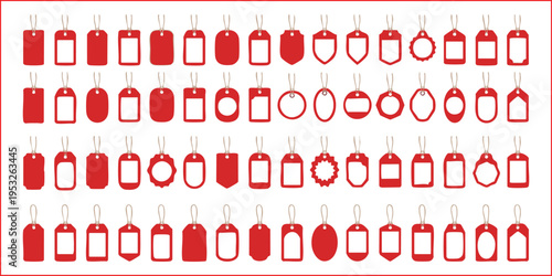 Collection of blank red hanging paper price tags and label vector illustrations.