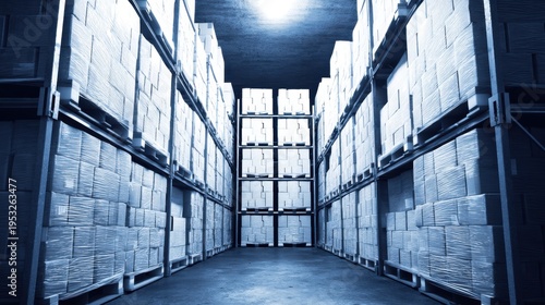 Warehouse stock management action in industrial facility detailed inventory organization dimly lit environment perspective view