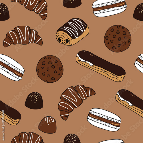 Digital illustration of assorted pastries including eclairs, croissants, and cookies on a brown background with white and chocolate icing details.