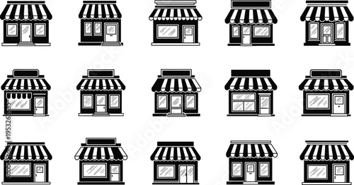 Set of storefront shop silhouettes with awnings, illustrating retail buildings, small business exteriors, commercial stores, and urban market architecture concepts