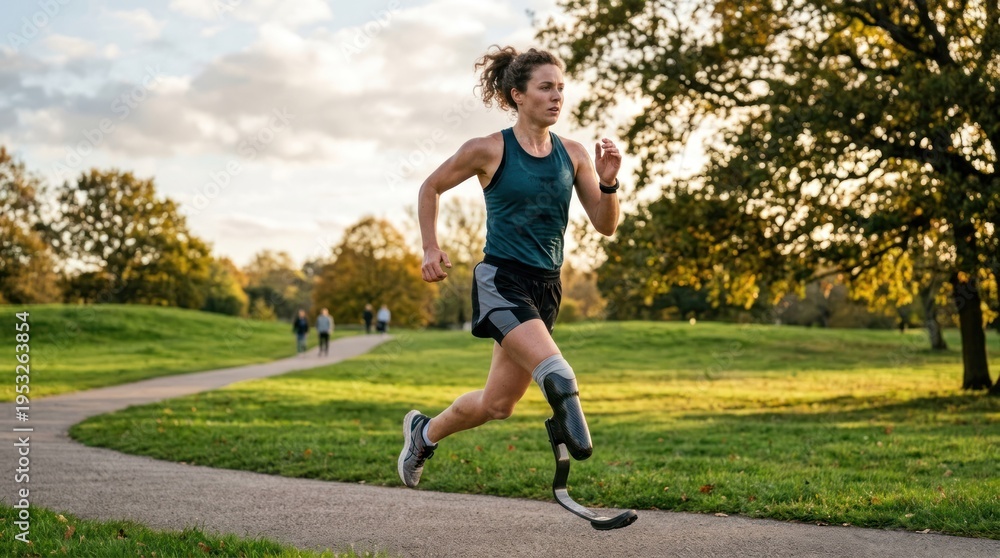 Fototapeta premium A woman running on a grassy path in a park with trees in the background.