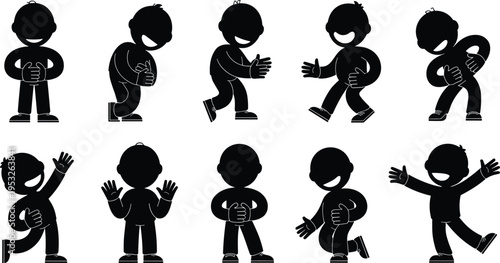 Set of cute child silhouettes showing different gestures poses waving clapping walking standing cartoon kids black vector illustration collection isolated