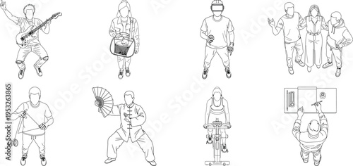 Eight sketches of people isolated on transparent background with various poses and objects