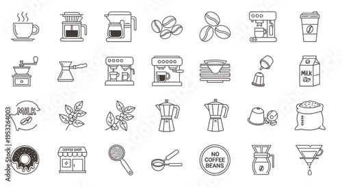 diverse coffee icons set illustrating coffee preparation methods beans and drinks for cafe menus and web design.
