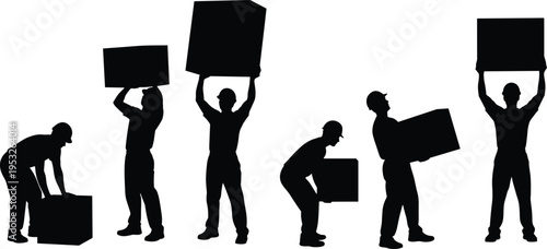 Worker silhouettes lifting and carrying boxes, illustrating manual labor, warehouse operations, logistics handling, moving service, and industrial work activity concepts