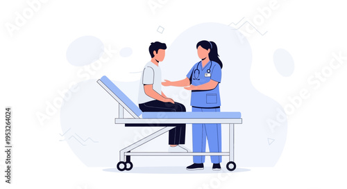 Doctor examining patient on medical examination table in clinic, illustration
