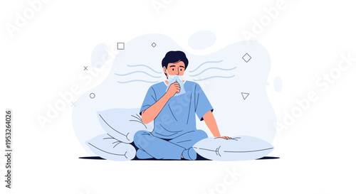 Man using inhaler, sitting on pillows, breathing fresh air, healthcare concept
