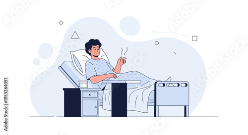 Patient in hospital bed holding a cigarette and smoking, feeling unwell