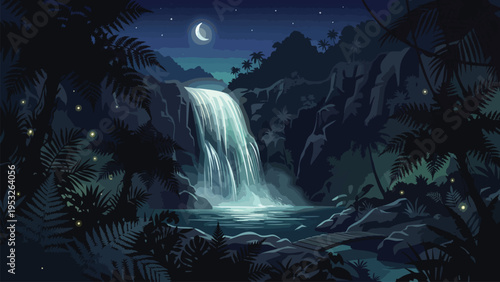 Pixel Art Tropical Waterfall Night Scene - Serene Jungle Landscape Background