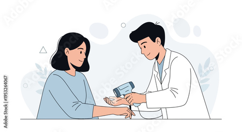 Doctor examining patient's hand with medical device, healthcare concept illustration