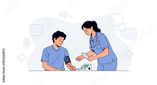 Nurse checking patient's blood pressure with digital monitor, medical checkup illustration