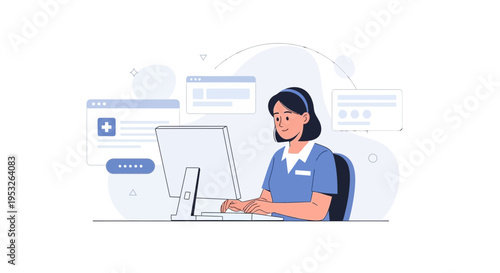 Nurse working on computer with medical records and login screen, healthcare technology concept