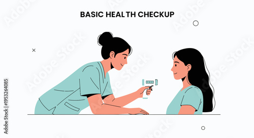 Nurse checks patient's temperature with thermometer, basic health checkup illustration