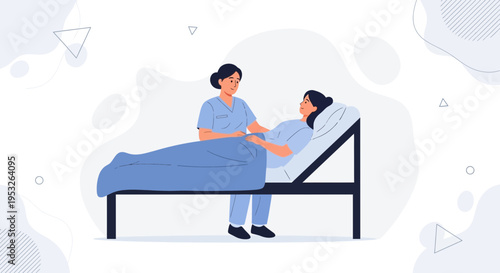 Nurse caring for patient in hospital bed, medical care and support illustration