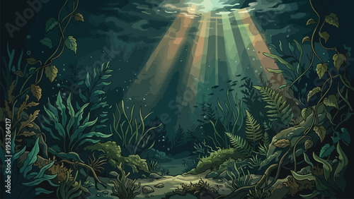 Underwater Forest Scene, Sunbeams, Aquatic Plants, Marine Life Background
