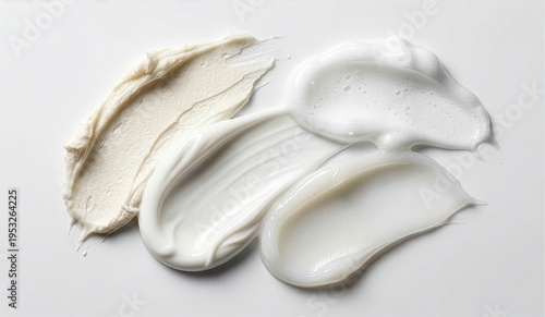 Various skincare product textures: cream, gel, lotion, and foam swatches on white background