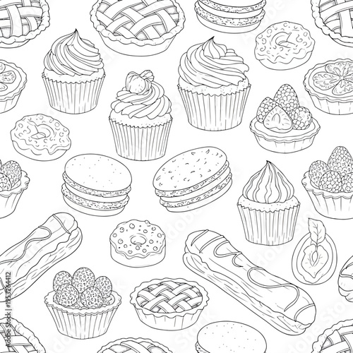 Illustration of various desserts including cupcakes, cakes, and pastries in a seamless pattern on a white background with black outlines.