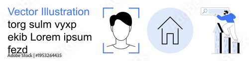 Biometrics, technology, real estate, business growth, analytics, search visualization. Portrait outline, home symbol person analyzing charts. Biometrics and technology concept