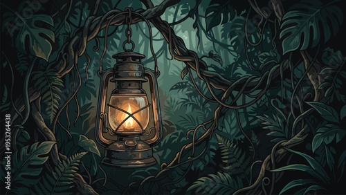 Vintage Lantern in Dense Jungle, Adventure Lighting, Exploration Discovery