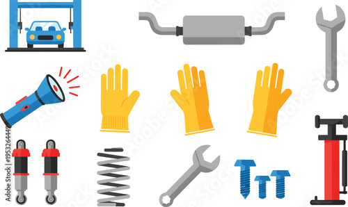 Set of car repair and automotive service icons featuring vehicle lift muffler wrench flashlight protective gloves shock absorbers spring bolts and air pump.