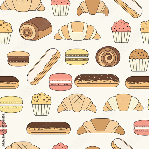 Seamless pattern of various sweet baked goods including croissants, muffins, and pastries on a white background with a colorful and appetizing mood.
