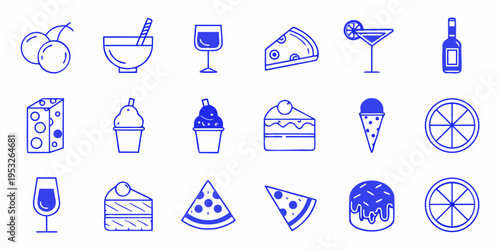 Collection of blue line art icons depicting various foods and beverages