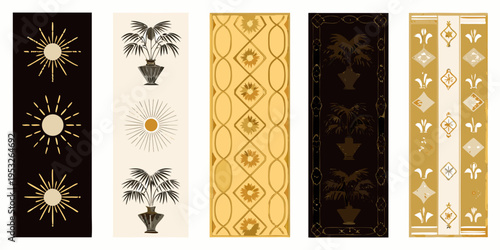 Five vertical panels with repeating art deco sunburst and botanical motifs