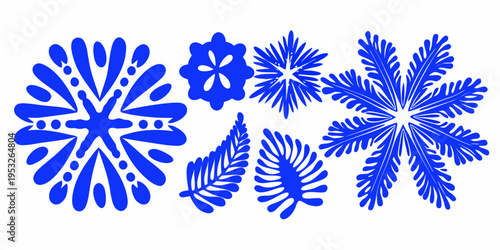 Stylized blue floral and snowflake like designs on a white background