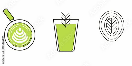 Three green matcha drinks presented in minimalist outline illustrations